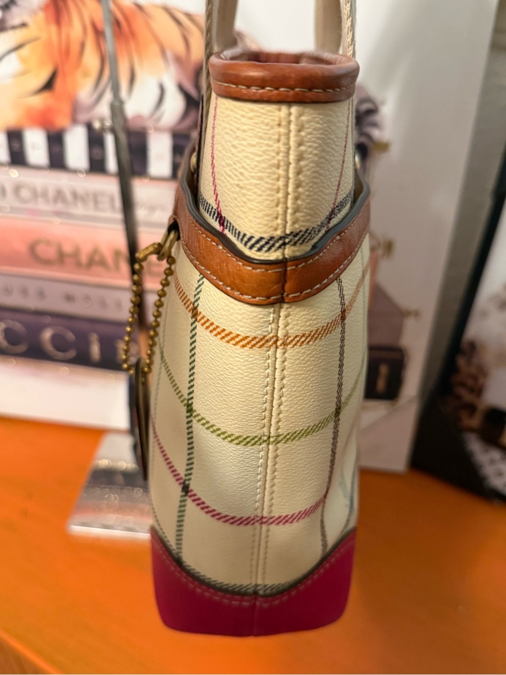 Coach Leatherware Plaid Tote Bag in Cream and Pink - Picture 5 of 14